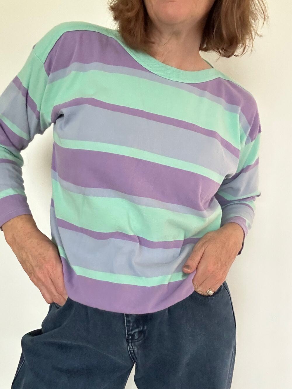 Vintage Cotton Striped Boatneck T shirt Seafoam/Purple Size Medium 80s Era